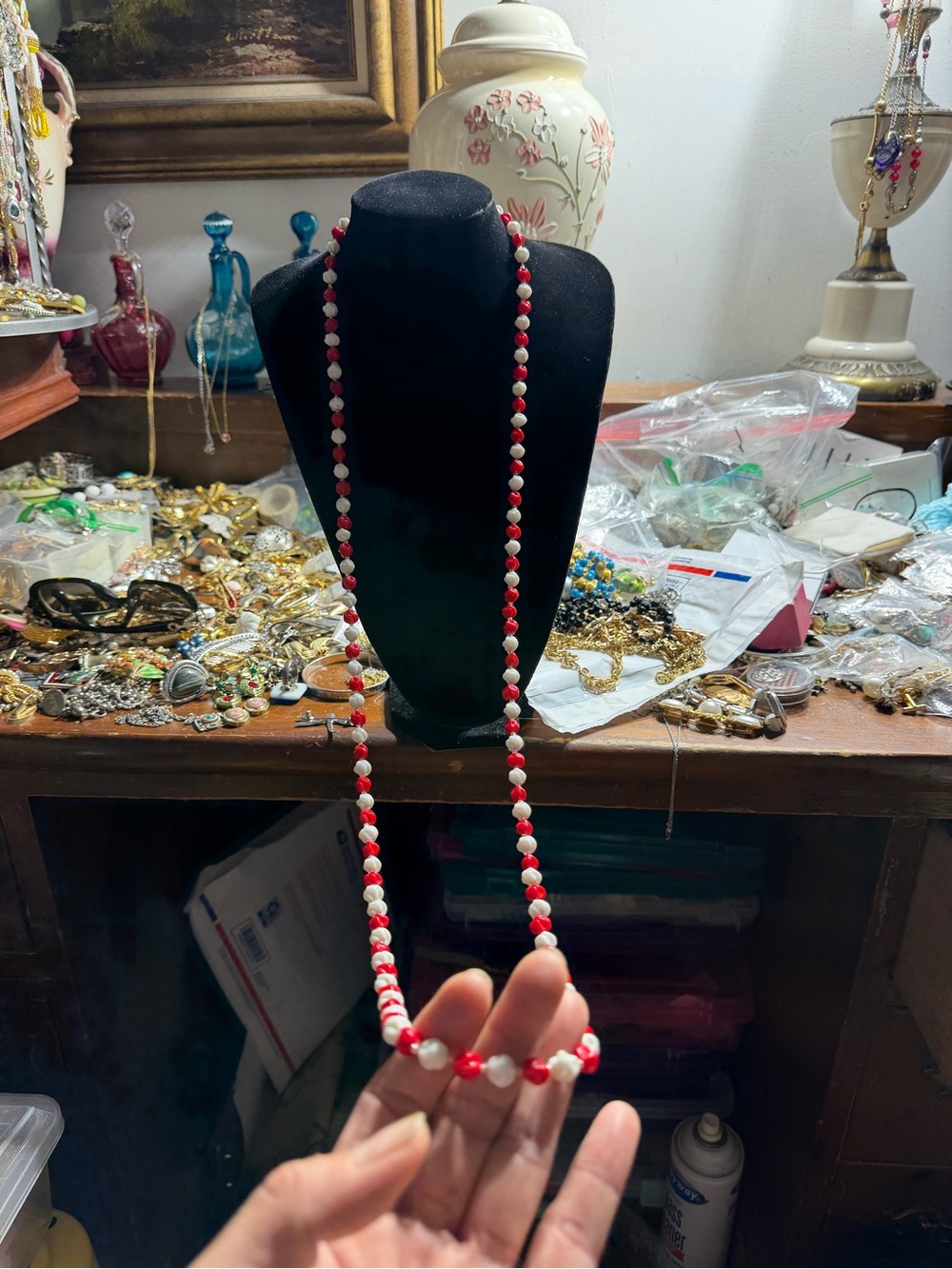 Vintage Red White Beaded glass Long Necklace